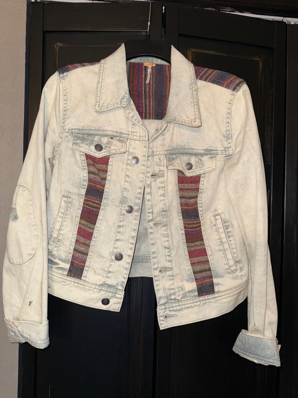 Free People Baja Light Wash Denim Jacket with Multicolor Stripes